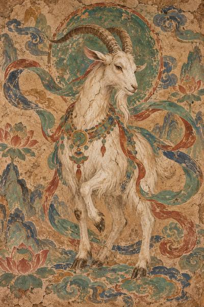 Goat — Chinese zodiac illustration in dunhuang mural style