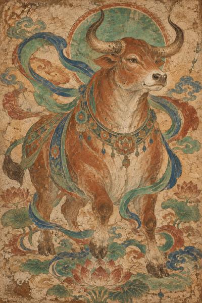 Ox — Chinese zodiac illustration in dunhuang mural style