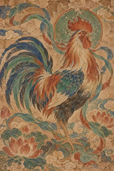 Rooster — Chinese zodiac illustration in dunhuang mural style