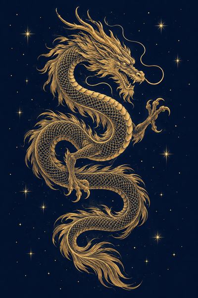 Dragon — Chinese zodiac illustration in gold line celestial style