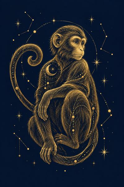 Monkey — Chinese zodiac illustration in gold line celestial style