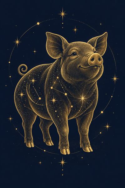 Pig — Chinese zodiac illustration in gold line celestial style