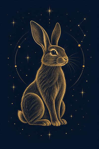 Rabbit — Chinese zodiac illustration in gold line celestial style