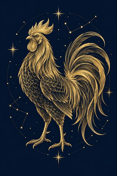 Rooster — Chinese zodiac illustration in gold line celestial style