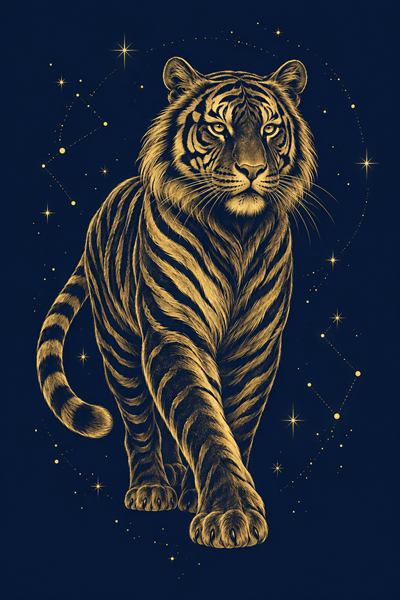 Tiger — Chinese zodiac illustration in gold line celestial style