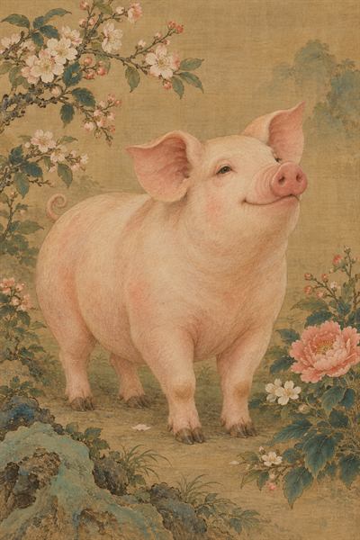 Pig — Chinese zodiac illustration in gongbi fine line style