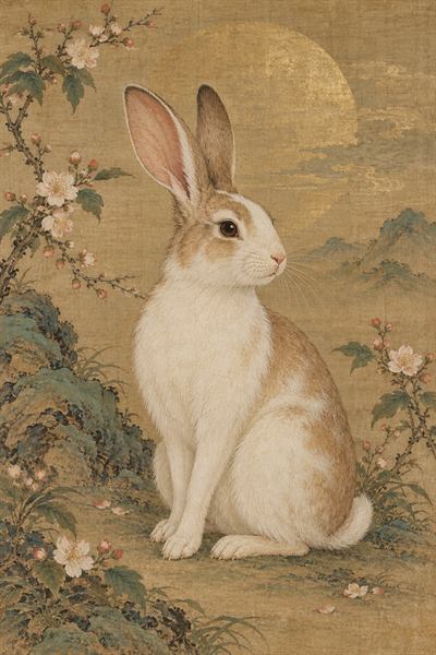 Rabbit — Chinese zodiac illustration in gongbi fine line style