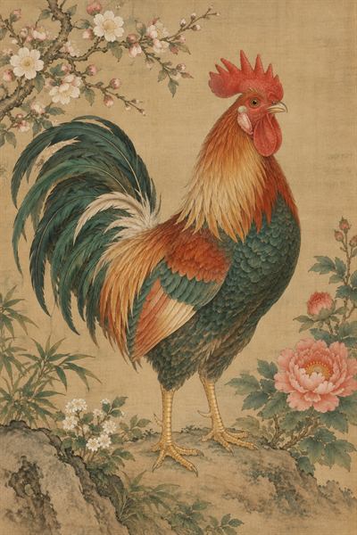 Rooster — Chinese zodiac illustration in gongbi fine line style