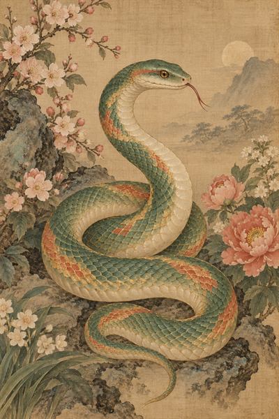 Snake — Chinese zodiac illustration in gongbi fine line style
