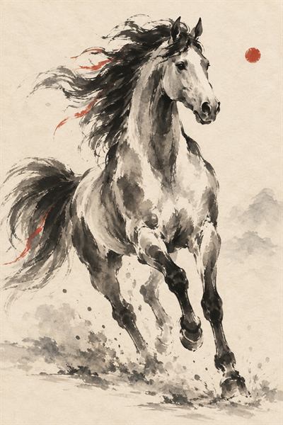 Horse — Chinese zodiac illustration in ink wash style