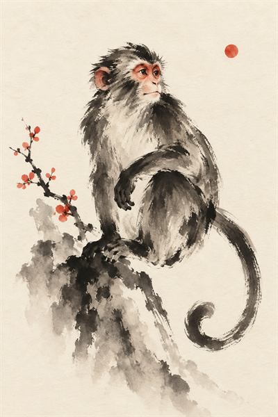 Monkey — Chinese zodiac illustration in ink wash style