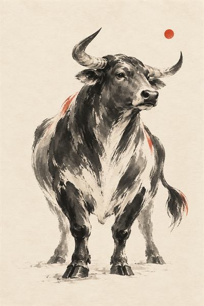 Ox — Chinese zodiac illustration in ink wash style