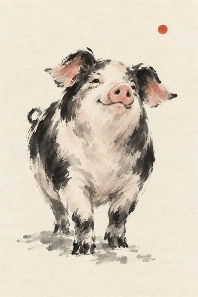 Pig — Chinese zodiac illustration in ink wash style