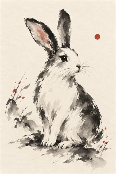 Rabbit — Chinese zodiac illustration in ink wash style