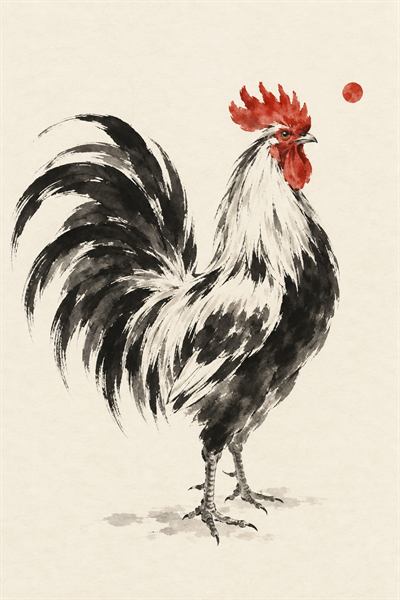 Rooster — Chinese zodiac illustration in ink wash style
