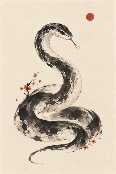 Snake — Chinese zodiac illustration in ink wash style