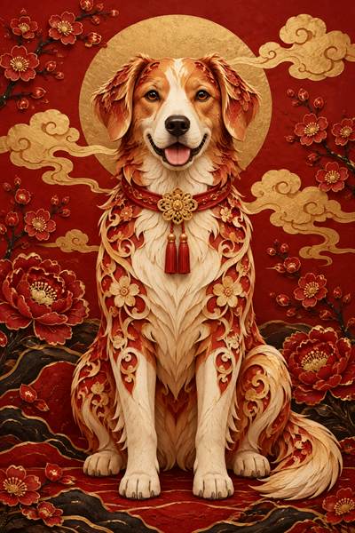 Dog — Chinese zodiac illustration in crimson & gold lacquer style