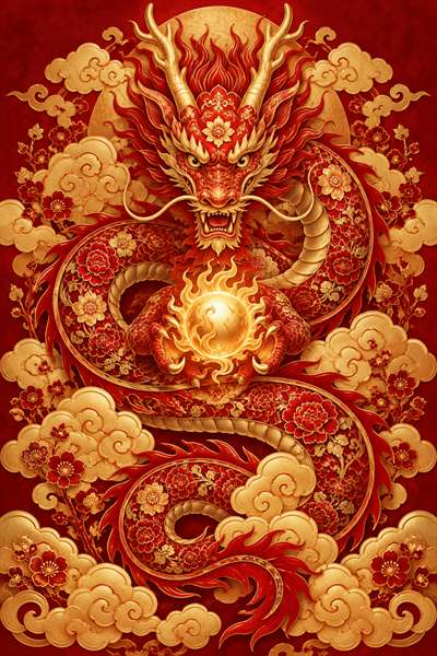 Dragon — Chinese zodiac illustration in crimson & gold lacquer style