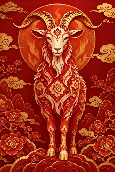 Goat — Chinese zodiac illustration in crimson & gold lacquer style