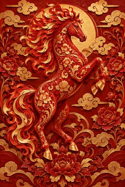 Horse — Chinese zodiac illustration in crimson & gold lacquer style