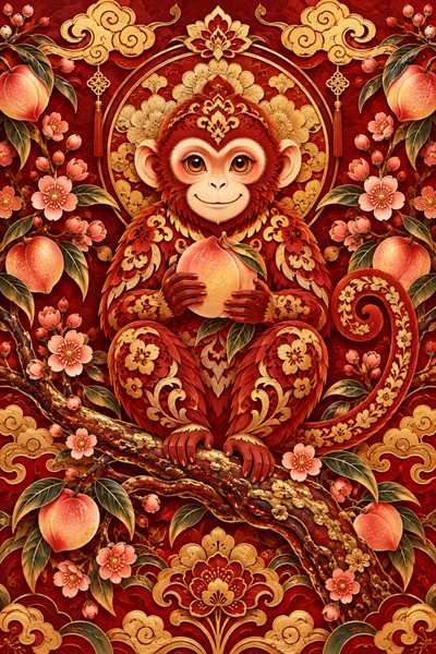 Monkey — Chinese zodiac illustration in crimson & gold lacquer style
