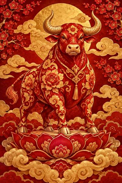Ox — Chinese zodiac illustration in crimson & gold lacquer style