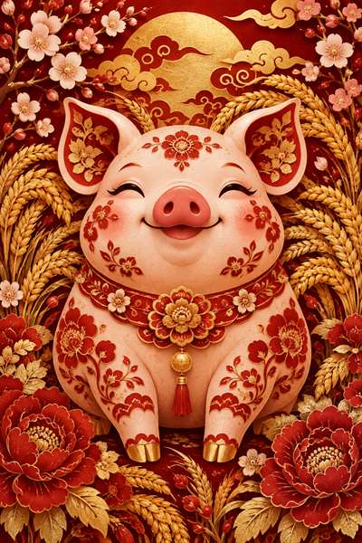 Pig — Chinese zodiac illustration in crimson & gold lacquer style
