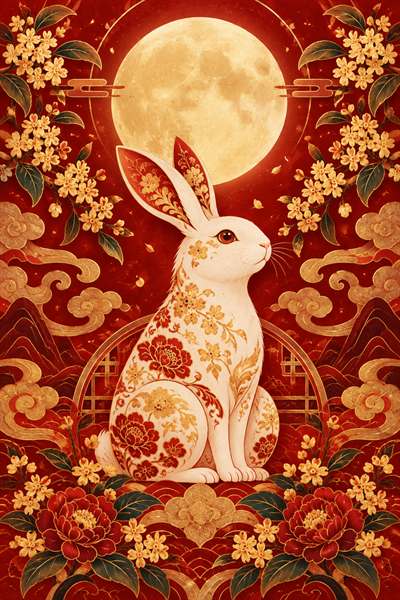 Rabbit — Chinese zodiac illustration in crimson & gold lacquer style