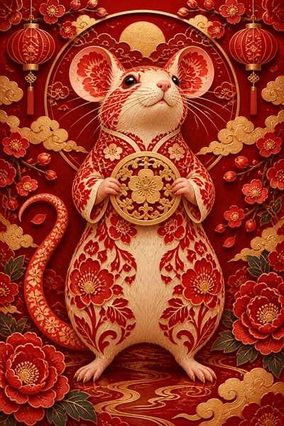 Rat — Chinese zodiac illustration in crimson & gold lacquer style