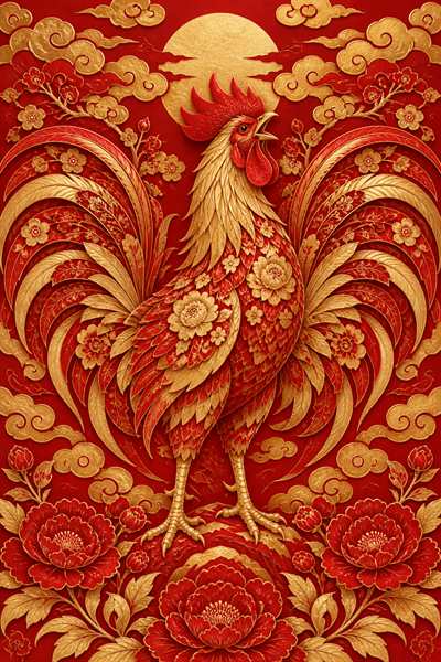 Rooster — Chinese zodiac illustration in crimson & gold lacquer style