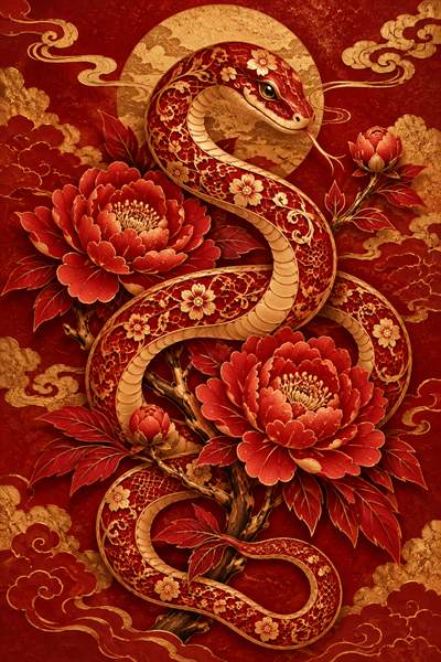 Snake — Chinese zodiac illustration in crimson & gold lacquer style