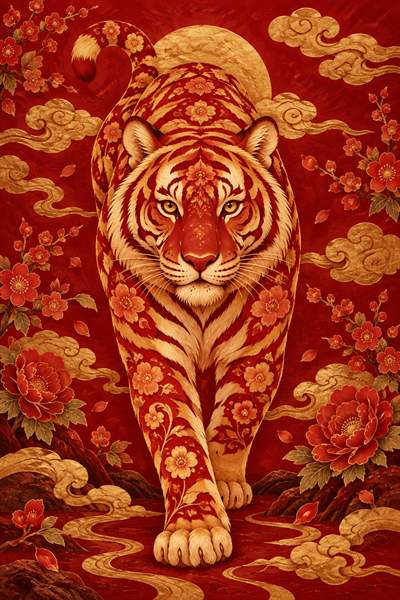 Tiger — Chinese zodiac illustration in crimson & gold lacquer style