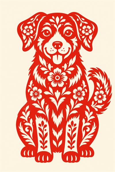 Dog — Chinese zodiac illustration in red paper-cut style