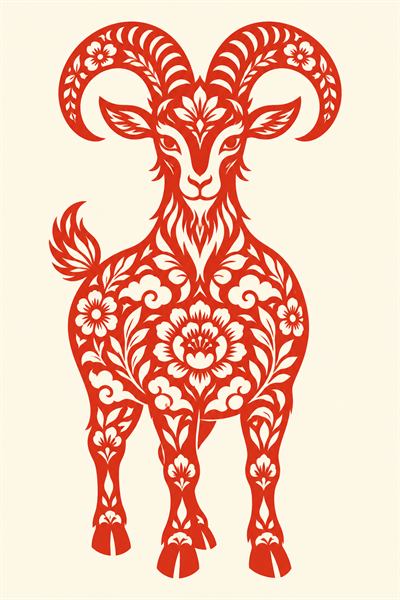 Goat — Chinese zodiac illustration in red paper-cut style
