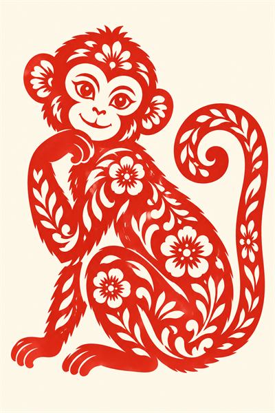 Monkey — Chinese zodiac illustration in red paper-cut style