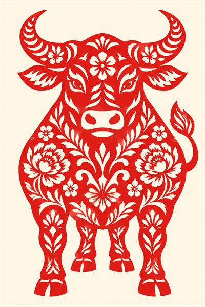 Ox — Chinese zodiac illustration in red paper-cut style