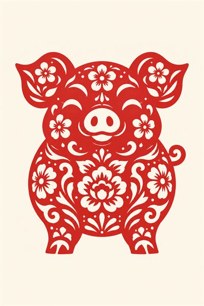 Pig — Chinese zodiac illustration in red paper-cut style