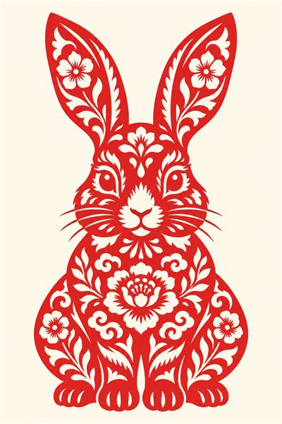 Rabbit — Chinese zodiac illustration in red paper-cut style
