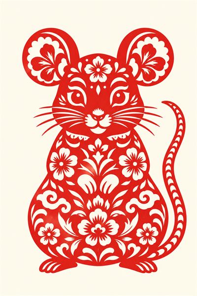 Rat — Chinese zodiac illustration in red paper-cut style