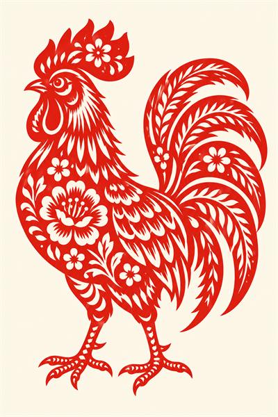Rooster — Chinese zodiac illustration in red paper-cut style