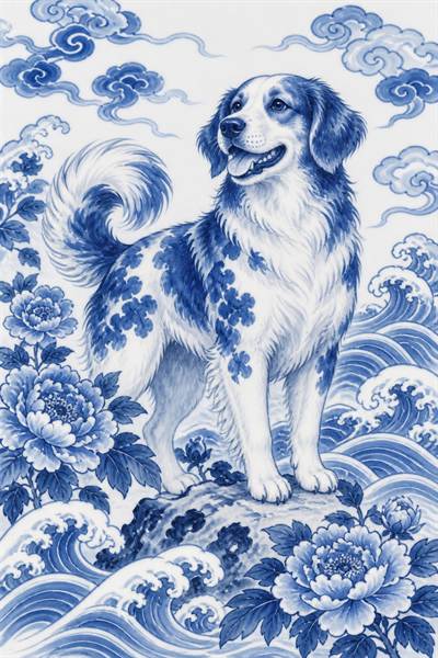 Dog — Chinese zodiac illustration in blue & white porcelain style