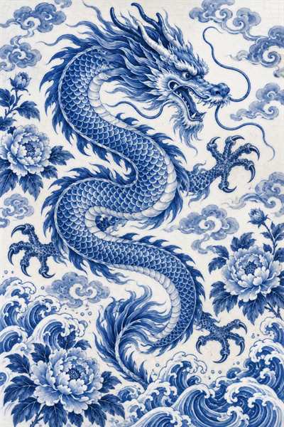 Dragon — Chinese zodiac illustration in blue & white porcelain style
