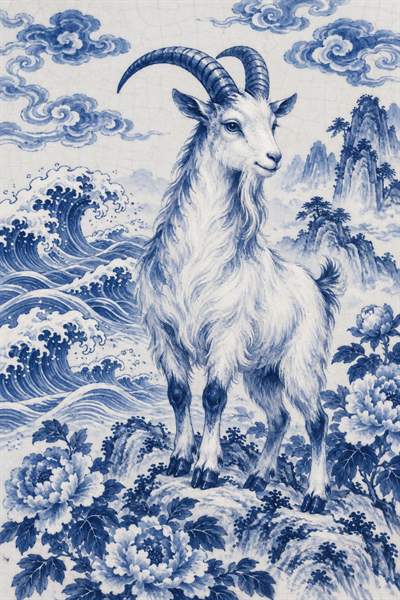 Goat — Chinese zodiac illustration in blue & white porcelain style