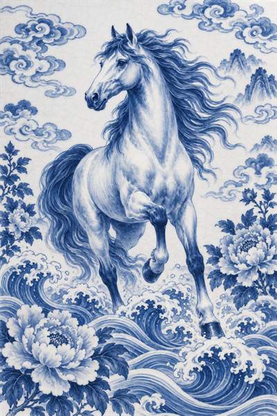 Horse — Chinese zodiac illustration in blue & white porcelain style