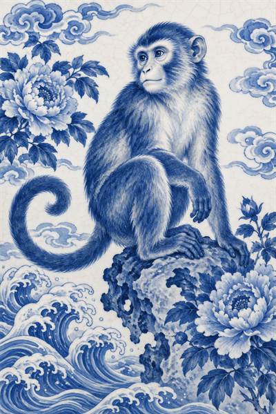Monkey — Chinese zodiac illustration in blue & white porcelain style