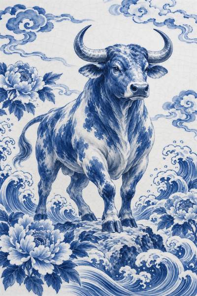 Ox — Chinese zodiac illustration in blue & white porcelain style