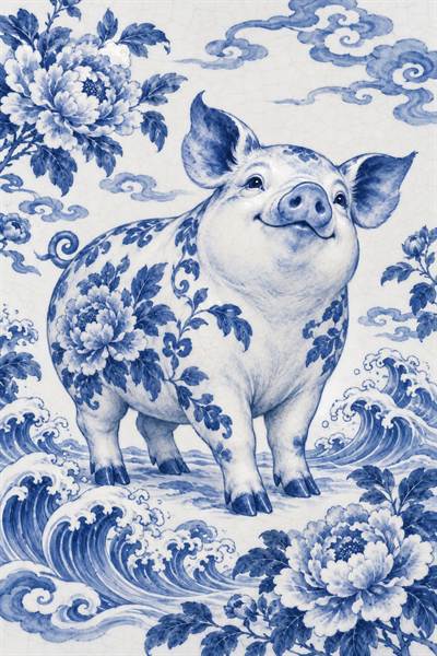 Pig — Chinese zodiac illustration in blue & white porcelain style