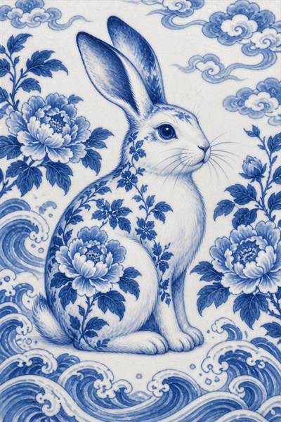 Rabbit — Chinese zodiac illustration in blue & white porcelain style