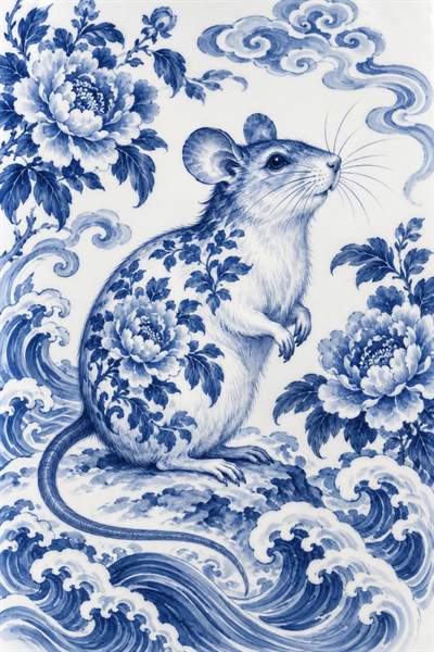 Rat — Chinese zodiac illustration in blue & white porcelain style