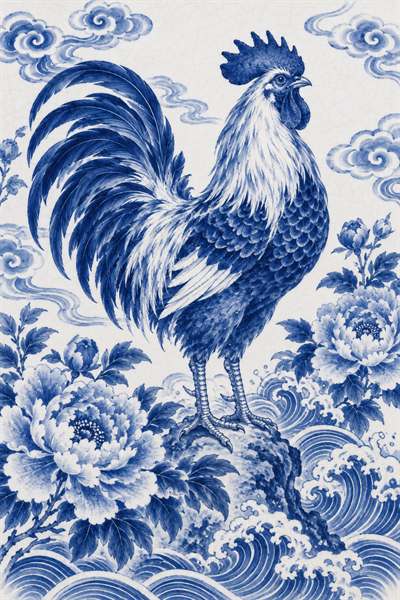 Rooster — Chinese zodiac illustration in blue & white porcelain style